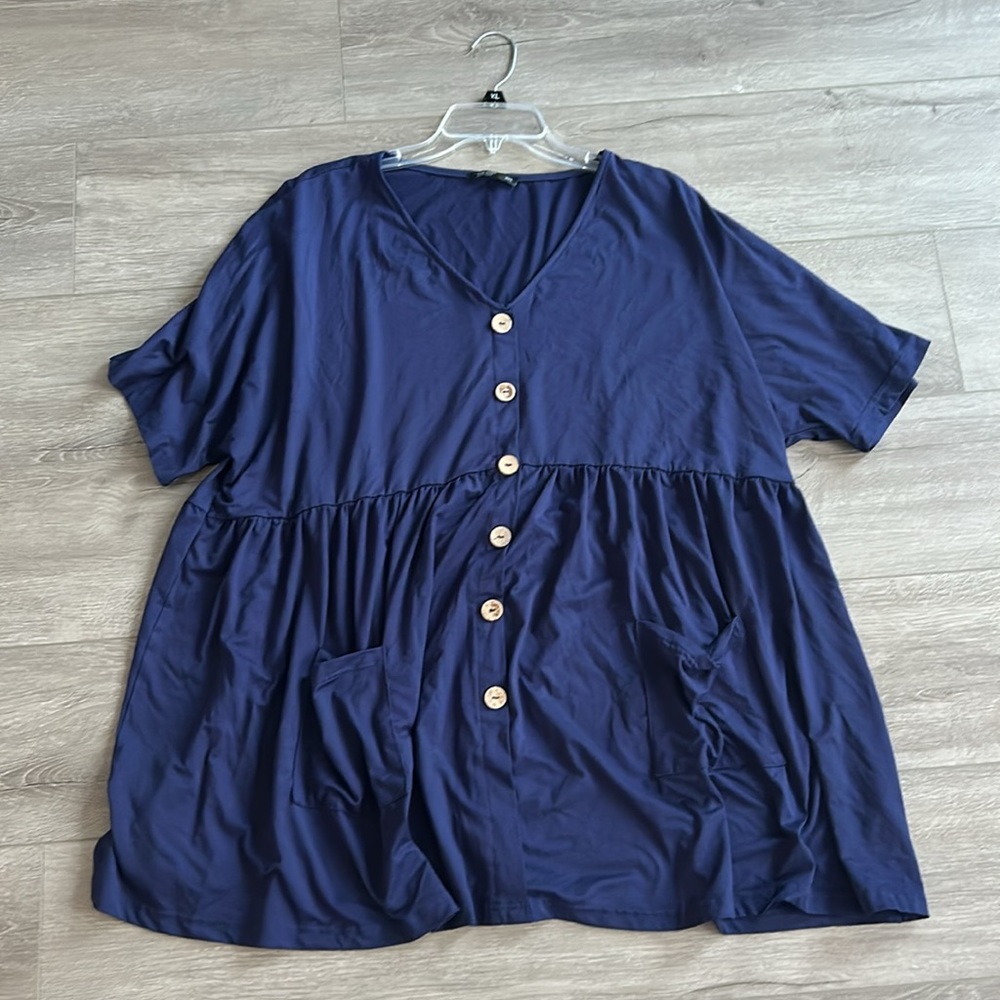 Shein Curve 6 Button Plus Size Blouse Navy Blue 3XL Pockets